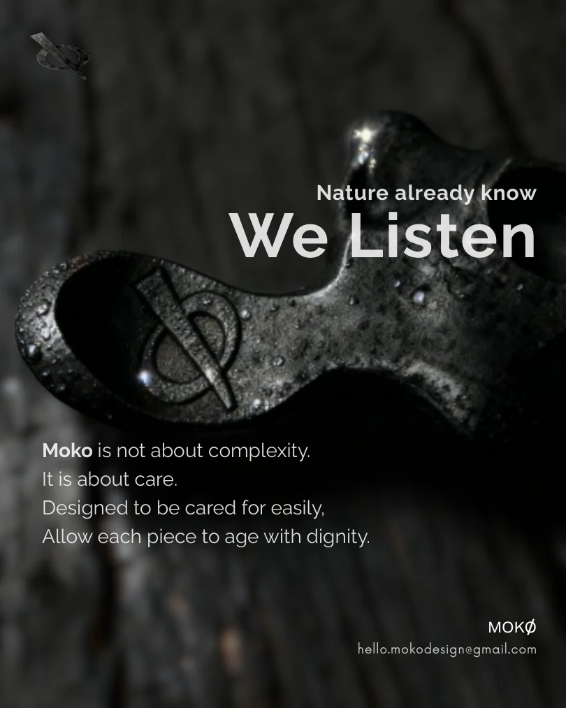 MOKØ brand philosophy artwork reading We Listen over a dark textured product detail
