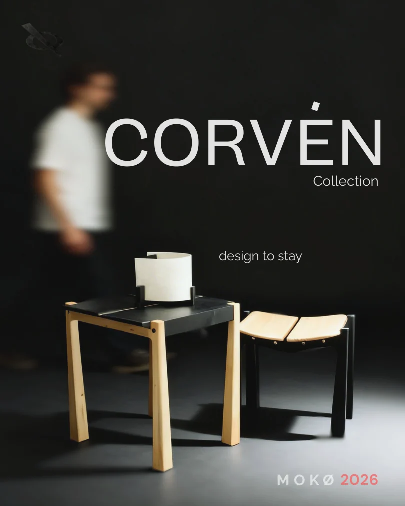CORVÉN Collection cover featuring a table and stool in a dark studio