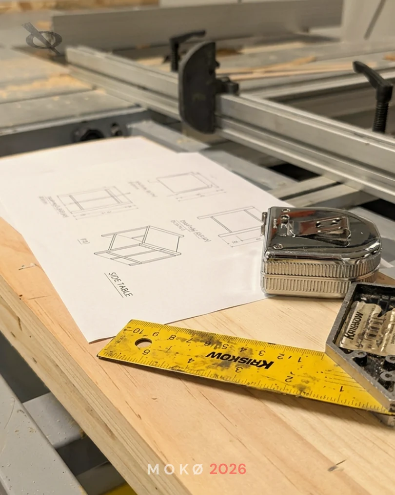 Furniture drawing, measuring tools and workshop equipment