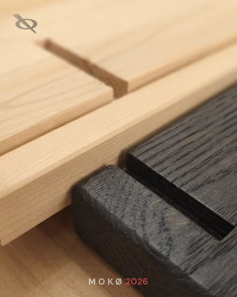 Close view of light and dark wood parts shaped for assembly