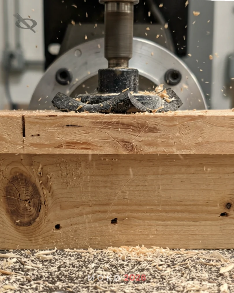 Router cutting into a timber block with wood shavings in motion