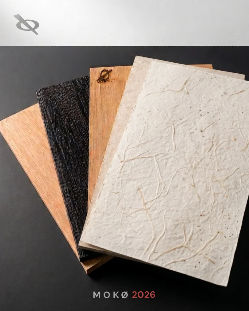 Close arrangement of dark wood, natural wood and pale textured material samples